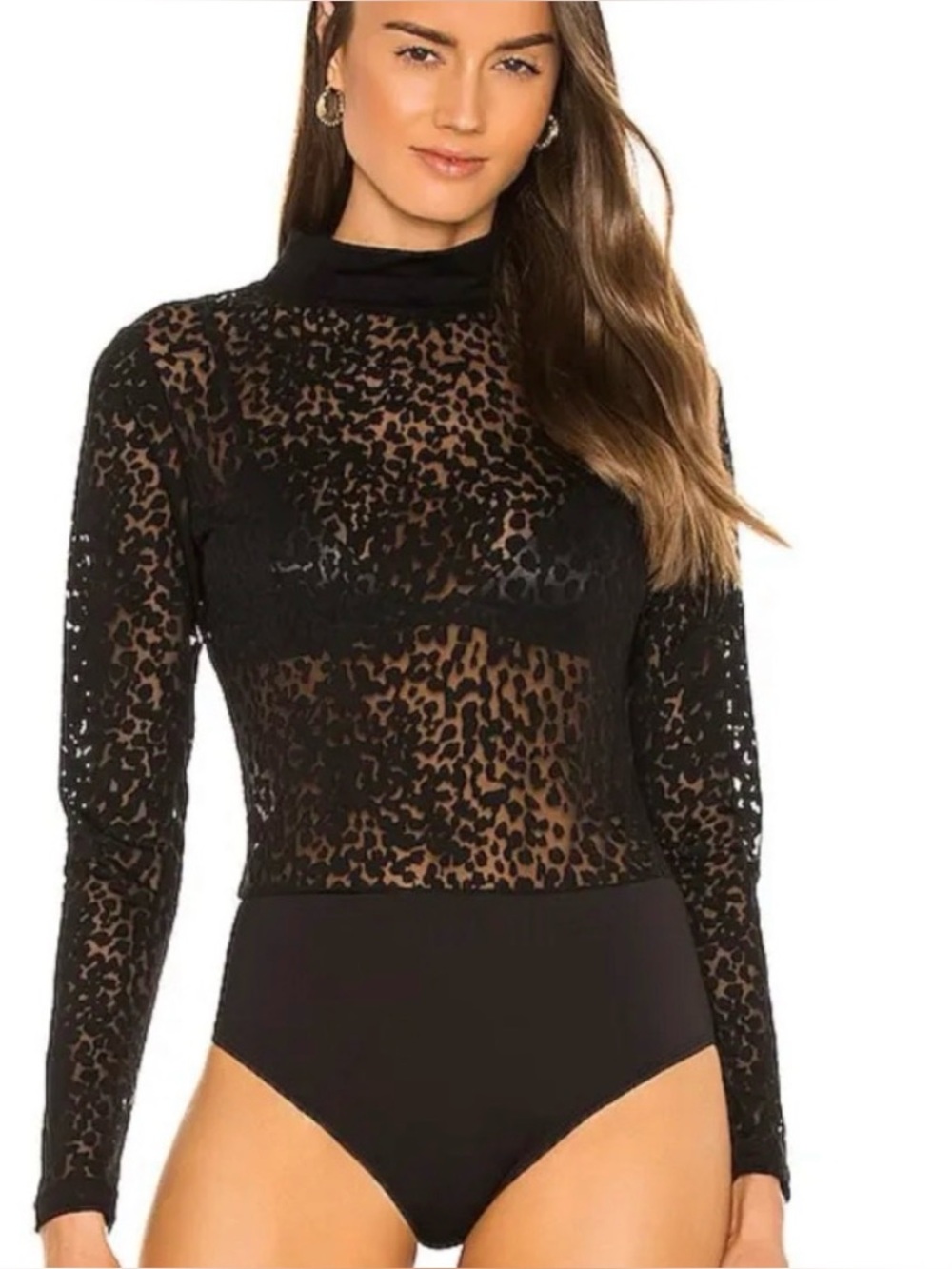 All Saints NWOT Leopard Lace Black Textured Long-Sleeve Bodysuit
